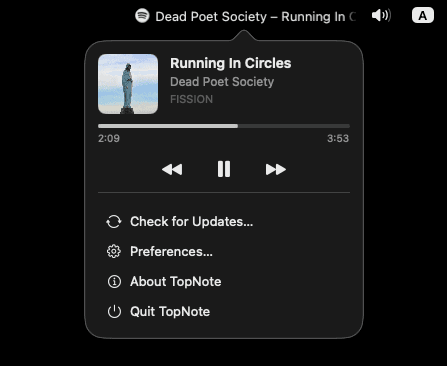 TopNote showing the current song in the macOS menu bar with playback controls